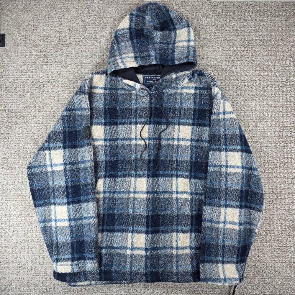 Vintage Polo Sport Ralph Lauren Sportsman Fleece Hoodie Jacket Plaid Mens XXL